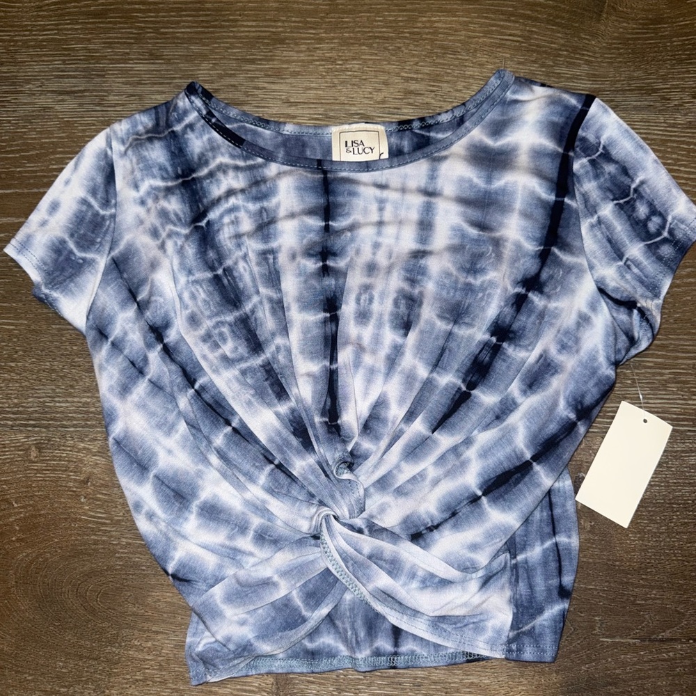 Blue and White Tie dye Tie Front Cropped T-Shirt